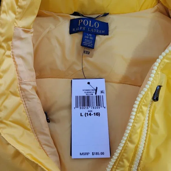 Polo Ralph Lauren Boys Water-Resistant Yellow Down Jacket Size L (14-16)NWT
